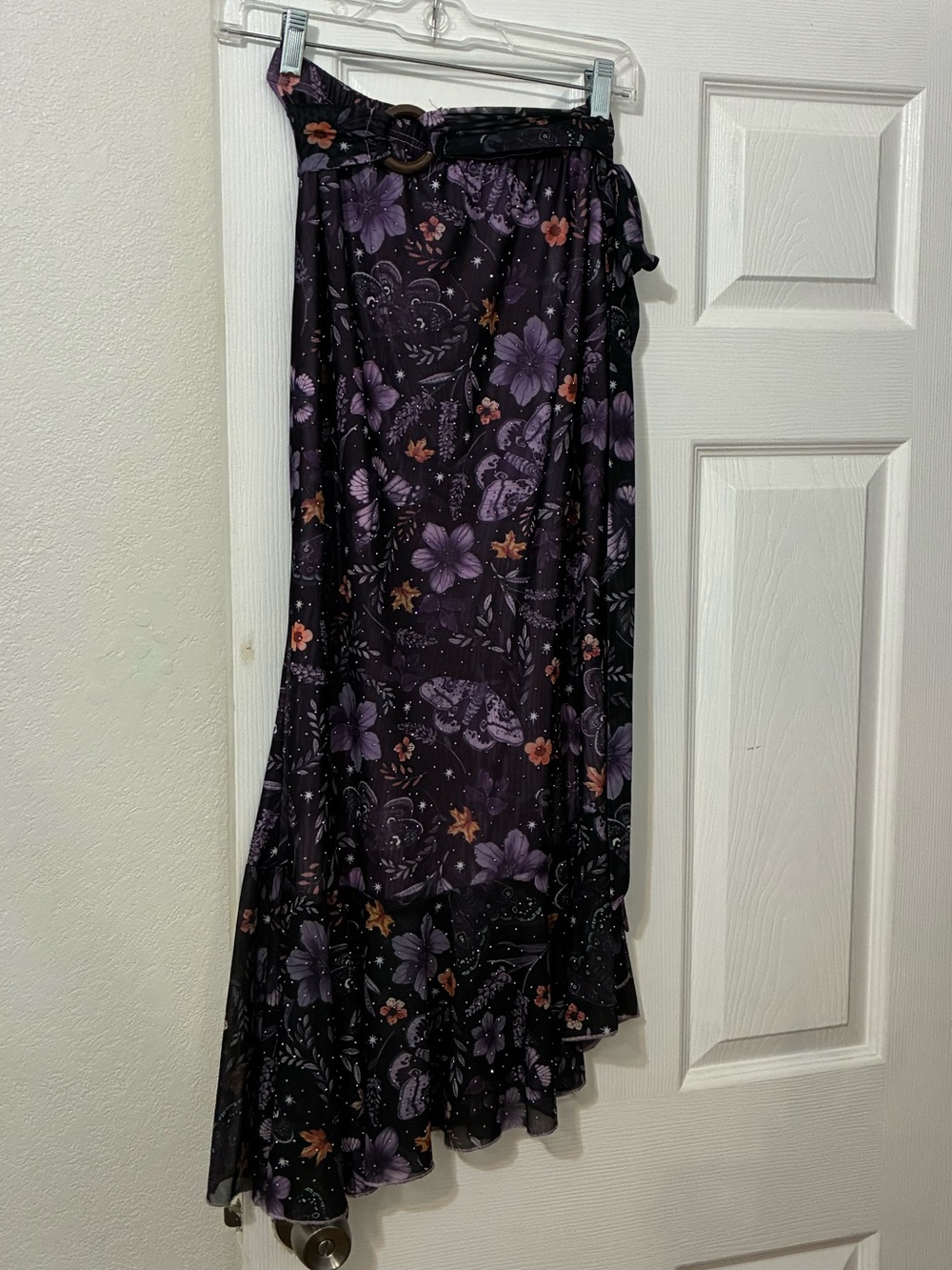 Whimsigoth Purple Floral Asymetrical Maxi Skirt with Tie Waist and Rhinestones - Picture 6 of 11